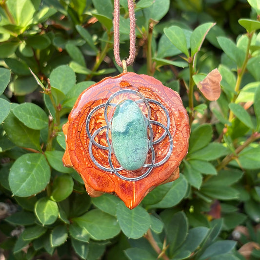 Green Moss Agate, Seed of Life, Silver